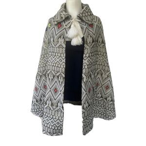 Vintage 60s 70s Pompom Tie Jacquard Geometric Gold Lurex Poncho Cape Arm Slits